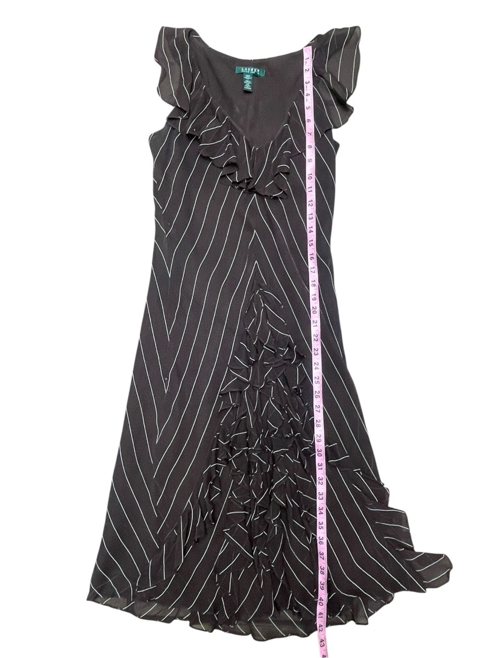 Lauren Ralph Lauren 100% Silk Ruffle Dress Brown Pinstripe Sleeveless Size 6 - Picture 4 of 9